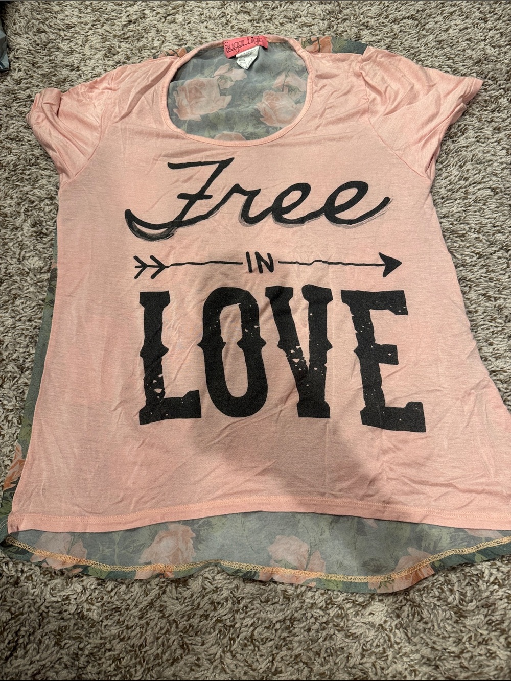 Girls' Pink "Free in Love" Short Sleeve Graphic Tee with Floral Layer